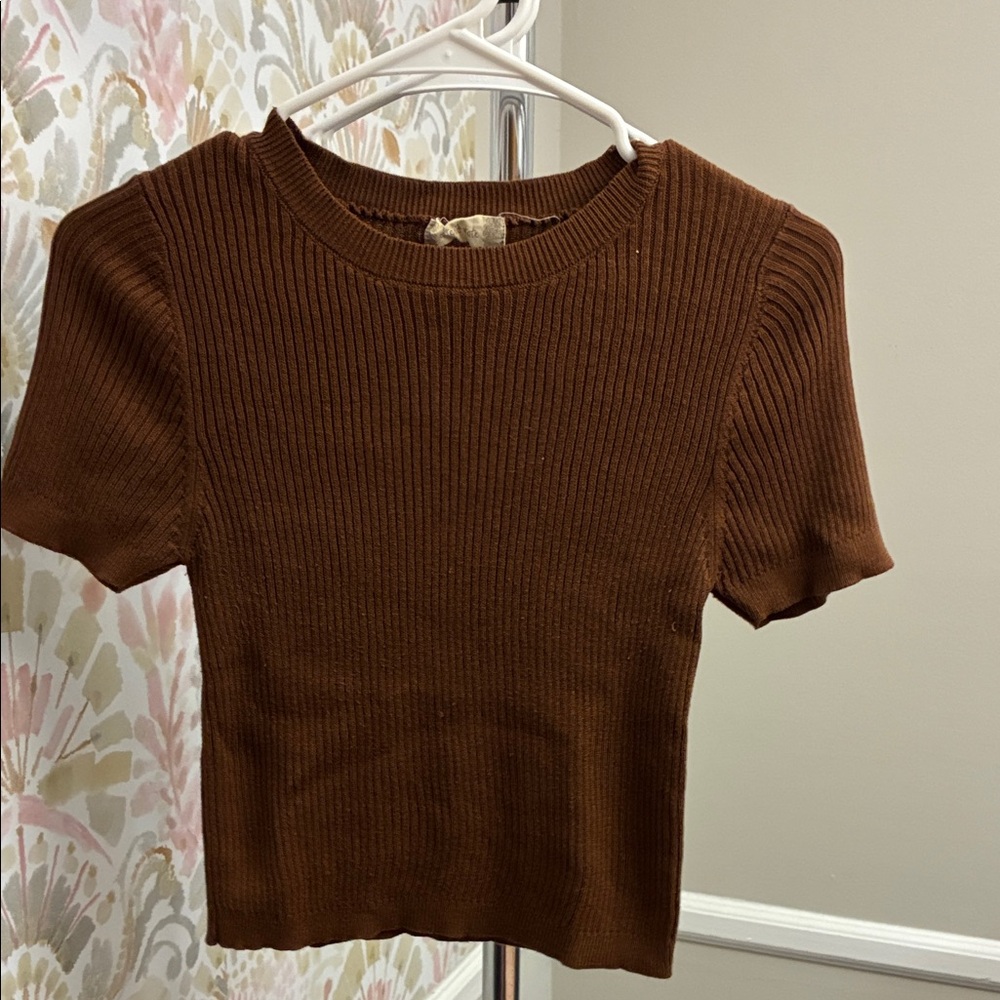 Altar'd State Chocolate Brown Ribbed Short Sleeve Top